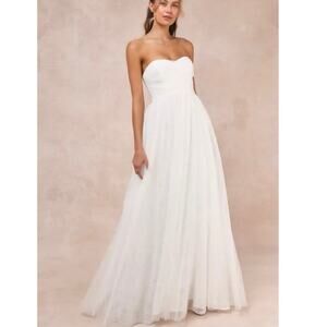 Lulu’s Blissful Forever White Tulle Lace Strapless Pleated Maxi Dress Size XS